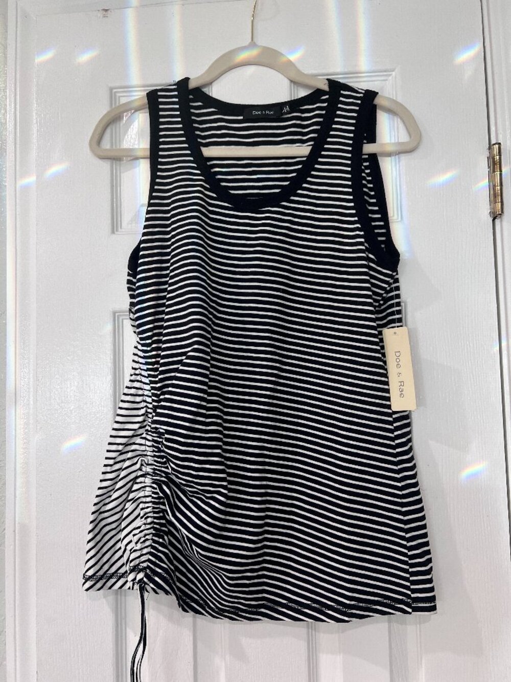 Doe & Rae black and white striped tank top with adjustable side scrunching